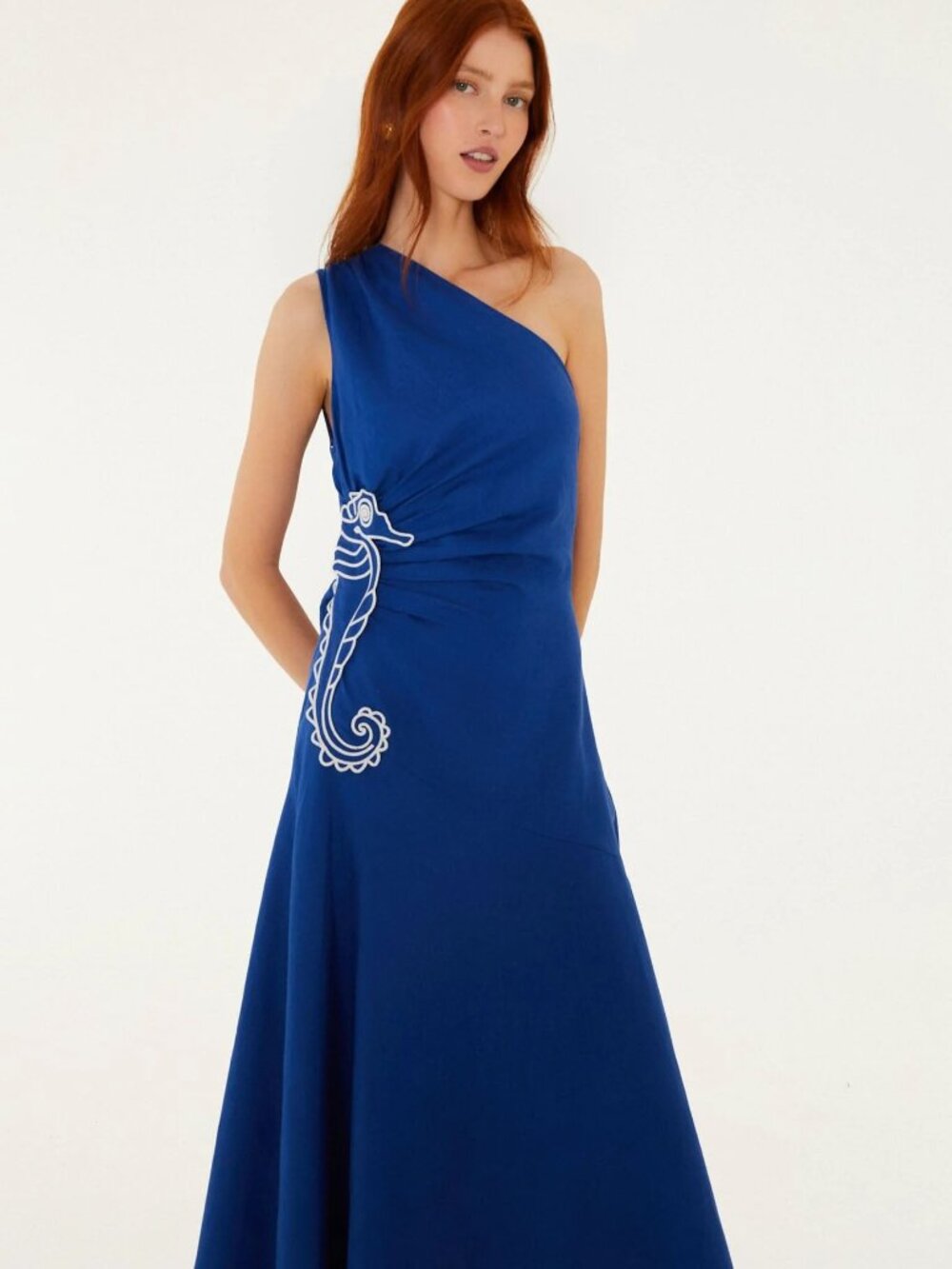 Blue Seahorse Embroidery One-Shoulder  Maxi Dress